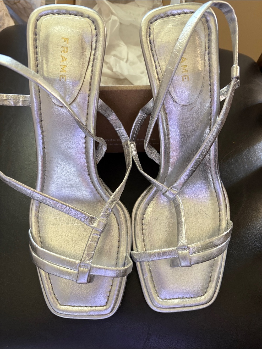 Frame Denim Metallic Silver Strappy Square-Toe Heels